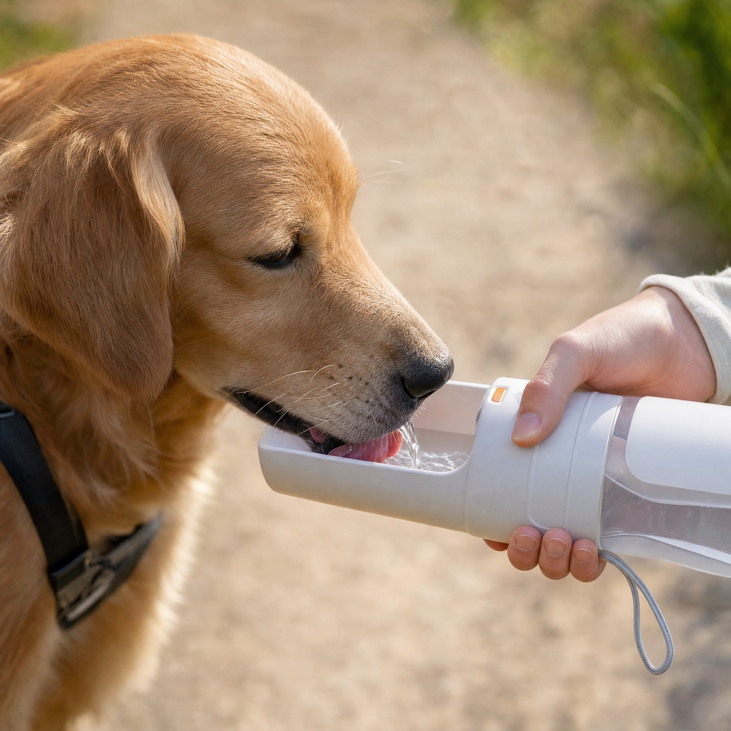 TrailBuddy Hydration Pro für Hunde – kompakte Reiseflasche mit Snackfach