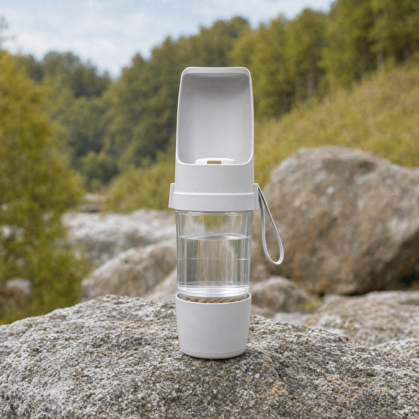 TrailBuddy Hydration Pro für Hunde – kompakte Reiseflasche mit Snackfach
